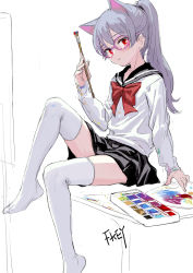 Rule 34 | 1girl, animal ears, artist name, bespectacled, black skirt, blush, bow, cat ears, commentary request, feet out of frame, feiqizi (fkey), fkey, glasses, head tilt, highres, holding, holding paintbrush, knee up, long hair, long sleeves, looking at viewer, miniskirt, no shoes, original, paint, paint on clothes, paintbrush, pink-framed eyewear, ponytail, red bow, red eyes, red neckwear, round eyewear, sailor collar, school uniform, serafuku, silver hair, simple background, sitting, sketch, skirt, solo, thighhighs, thighs, white background, white thighhighs, zettai ryouiki