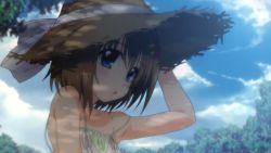 Rule 34 | 1girl, armpit peek, bare shoulders, blue eyes, blush, brown hair, cloud, collarbone, hair ornament, hairclip, hat, looking at viewer, looking to the side, lyrical nanoha, mahou shoujo lyrical nanoha a&#039;s, outdoors, shiny skin, short hair, sky, smile, solo, straw hat, syu1, tree, upper body, yagami hayate
