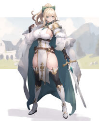 Rule 34 | 1girl, absurdres, armor, baketsu, belt, belt pouch, black gloves, black thighhighs, blonde hair, boots, breasts, brown belt, buttons, closed mouth, dress, elf, fingerless gloves, gloves, green eyes, green ribbon, hair ribbon, highres, holding, holding sword, holding weapon, knee boots, large breasts, original, pelvic curtain, pointy ears, ponytail, pouch, ribbon, shadow, shirt, shoulder armor, sideboob, sideboob cutout, solo, sword, thighhighs, weapon, white dress, white footwear, white shirt