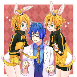 Rule 34 | 1girl, 2boys, akiyoshi (tama-pete), animal ears, argyle, argyle background, argyle clothes, bandaid, bandaid on face, bandaid on nose, blonde hair, blue hair, cat ears, collaboration, glasses, headphones, kagamine len, kagamine rin, kaito (vocaloid), multiple boys, necktie, open mouth, paw pose, paw print, project diva (series), project diva f, rabbit ears, rabbit tail, short hair, smile, tail, vocaloid, yellow necktie