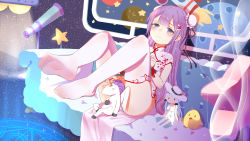 Rule 34 | 1girl, ahoge, ass, azur lane, bed, bird, black bow, blush, bow, breasts, bun cover, character doll, chick, china dress, chinese clothes, closed mouth, commentary request, convenient censoring, couch, double bun, dress, feet, foot focus, foreshortening, full body, hair bun, hair ornament, hair ribbon, hand on own chest, hat, heart, heart-shaped pupils, highres, holding, illustrious (azur lane), indoors, legs, long hair, looking at viewer, moon, night, night sky, no shoes, on couch, panties, pelvic curtain, pillow, planet, purple eyes, purple hair, ribbon, rocket, short sleeves, side bun, sidelocks, sitting, sky, small breasts, smile, soles, solo, star (sky), star (symbol), starry sky, stuffed animal, stuffed pegasus, stuffed toy, stuffed unicorn, stuffed winged unicorn, symbol-shaped pupils, telescope, thighhighs, thighs, toes, underwear, unicorn, unicorn (azur lane), unicorn (the gift of spring) (azur lane), very long hair, white dress, white hat, white panties, white thighhighs, window, wrist cuffs, xiao shi lullaby