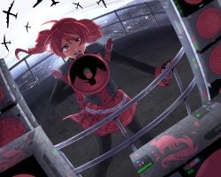 Rule 34 | 1girl, absurdres, ahoge, aircraft, airplane, arm belt, black thighhighs, building, commentary, drill hair, fedoramoron, feet out of frame, fingerless gloves, gloves, hand on railing, highres, holding, holding megaphone, kasane teto, koi wa sensou (vocaloid), landscape, looking at viewer, megaphone, nail polish, open mouth, outdoors, parody, railing, red eyes, red hair, red nails, red skirt, short hair, skirt, solo, speaker, standing, thighhighs, twin drills, uniform, utau, v-shaped eyebrows, vocaloid