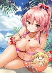Rule 34 | 10s, ball, beach, beachball, bikini, blonde hair, bow, breasts, breasts out, cleavage, day, green eyes, hair bow, hair ornament, idolmaster, idolmaster cinderella girls, jewelry, jougasaki mika, jougasaki rika, kazuchi, large breasts, long hair, looking at viewer, navel, necklace, nipples, open mouth, pink hair, purple bikini, short hair, smile, swimsuit, twintails, two side up, yellow eyes
