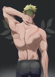 Rule 34 | 1boy, achilles (fate), arm at side, arm behind head, back, bara, black pants, facing away, fate/apocrypha, fate (series), grey background, hand on own neck, haruakira, highres, male focus, mature male, muscular, muscular male, pants, short hair, simple background, solo, undercut, upper body