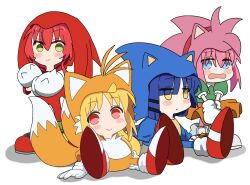 4girls amy_rose amy_rose_(cosplay) blonde_hair blue_eyes blue_hair blush bocchi_the_rock! closed_mouth color_connection commentary_request cosplay crossed_arms full_body gloves gotoh_hitori green_eyes green_shirt highres ijichi_nijika kita_ikuyo knuckles_the_echidna knuckles_the_echidna_(cosplay) multiple_girls nekoko_samurai open_mouth orange_skirt pink_hair red_eyes red_footwear red_hair shadow shirt shoes short_hair simple_background sitting skirt sonic_(series) sonic_the_hedgehog sonic_the_hedgehog_(classic) sonic_the_hedgehog_(cosplay) standing tails_(sonic) tails_(sonic)_(cosplay) trait_connection white_background white_gloves yamada_ryo yellow_eyes