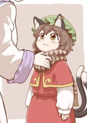 Rule 34 | 2girls, :3, adjusting another&#039;s clothes, animal ears, blush, brown background, brown eyes, brown hair, capelet, cat ears, cat tail, chen, closed mouth, dress, earrings, green hat, hat, height difference, highres, jewelry, long sleeves, looking at another, looking up, mob cap, multiple girls, multiple tails, nekomata, out of frame, poronegi, red capelet, red dress, scarf, short hair, simple background, smile, standing, tail, touhou, two tails, wide sleeves, yakumo ran