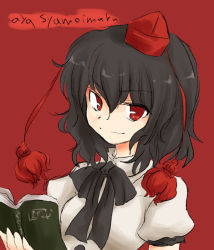 Rule 34 | 1girl, bad id, bad pixiv id, black hair, character name, female focus, hat, looking at viewer, niji (nijioki), notebook, pom pom (clothes), red background, red eyes, shameimaru aya, simple background, smile, solo, tokin hat, touhou, wavy hair