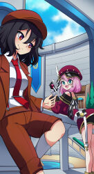 Rule 34 | 2girls, black hair, bmkro, brown headwear, brown shirt, brown vest, cabbie hat, charlotte (genshin impact), collared shirt, commentary, commission, crossover, english commentary, feathers, genshin impact, hat, highres, leaning forward, looking at another, monocle, multiple girls, necktie, outdoors, peaked cap, pink hair, red necktie, shameimaru aya, shameimaru aya (newsboy), shirt, short hair, socks, touhou, vest, white feathers, white shirt, white socks