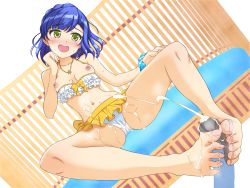 Rule 34 | 1girl, artist request, barefoot, bikini, blue hair, blush, breasts, breasts out, cum, cum on body, cum on clothes, cum on feet, cum on lower body, ejaculation, feet, footjob, green eyes, highres, idolmaster, idolmaster million live!, long hair, nanao yuriko, nipples, open mouth, penis, penis silhouette, soles, solo, spread legs, sweatdrop, swimsuit, toes