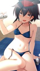 Rule 34 | 1girl, :d, arm support, arm up, bare arms, bare legs, bare shoulders, barefoot, beach, bikini, black hair, blue bikini, blush, breasts, brown eyes, brown hair, can, collarbone, commentary request, day, hair between eyes, hat, holding, holding can, i-14 (kancolle), kantai collection, looking at viewer, nagami yuu, navel, open mouth, outdoors, sand, short hair, side-tie bikini bottom, sitting, small breasts, smile, solo, swimsuit, untied bikini, yokozuwari