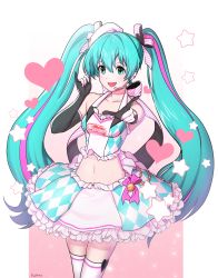 Rule 34 | 1girl, absurdres, alternate costume, aqua eyes, aqua hair, black gloves, blue eyes, collarbone, commentary request, detached sleeves, elbow gloves, gloves, green eyes, green hair, hatsune miku, heart, highres, long hair, looking at viewer, navel, open mouth, pink ribbon, pointing, pointing at viewer, racing miku, ribbon, skirt, smile, solo, thighhighs, twintails, two-tone gloves, very long hair, vocaloid, white gloves, yugo (yuno65)