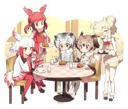 Rule 34 | 10s, 5girls, :d, :t, puff of air, ^^^, ^ ^, alpaca ears, alpaca suri (kemono friends), alpaca tail, animal ears, ankle boots, beige ribbon, beige vest, bird tail, black footwear, blonde hair, blunt bangs, blush, boots, brown eyes, buttons, chair, closed eyes, coat, commentary request, cup, curry, curry rice, drawstring, drink, drinking glass, eating, eurasian eagle owl (kemono friends), eyebrows, eyelashes, facing another, feathered wings, feathers, food, footwear ribbon, frilled sleeves, frills, from side, fur-trimmed boots, fur-trimmed sleeves, fur trim, gloves, gradient hair, gradient ribbon, grey hair, hair between eyes, hair bobbles, hair bun, hair ornament, hair over one eye, hair ribbon, happy, head wings, heart, holding, holding cup, holding spoon, japanese crested ibis (kemono friends), jitome, kemono friends, long sleeves, looking at another, looking down, low twintails, mary janes, motion lines, multicolored hair, multiple girls, musical note, neck ribbon, no nose, northern white-faced owl (kemono friends), open mouth, outdoors, outline, pantyhose, pink skirt, plaid, plate, pleated skirt, quaver, red hair, red legwear, red ribbon, red skirt, ribbon, rice, scarlet ibis (kemono friends), serving, shadow, shirt, shoe soles, shoes, short hair, short hair with long locks, shorts, sidelocks, single hair bun, sitting, skirt, sleeveless, smile, sparkle, spoon, standing, swept bangs, table, tablecloth, tail, tareme, tea, teacup, thighhighs, tray, tress ribbon, tsurime, twintails, twitter username, two-tone hair, utensil in mouth, vest, wall, white footwear, white gloves, white hair, white legwear, white outline, white shirt, wide sleeves, wings, wooden table, yellow buttons, yellow eyes, zettai ryouiki, zn (zzzzzni), |d