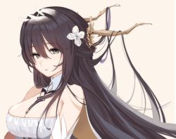 Rule 34 | 1girl, azur lane, between breasts, black hair, breasts, detached collar, dress, flower, from side, green eyes, hair between eyes, hair flower, hair on horn, hair ornament, highres, indomitable (azur lane), large breasts, lisa (faeuna), long hair, looking at viewer, simple background, solo, strap between breasts, upper body, white dress, white flower