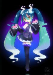 Rule 34 | 1girl, black thighhighs, creatures (company), detached sleeves, game freak, ghost, ghost miku (project voltage), glitch, grey shirt, hair between eyes, hatsune miku, highres, long hair, looking at viewer, necktie, nintendo, open mouth, pokemon, project voltage, see-through, see-through skirt, shirt, skirt, sleeves past fingers, sleeves past wrists, suguharu86, thighhighs, twintails, very long hair, vocaloid, will-o&#039;-the-wisp (mythology), yellow eyes