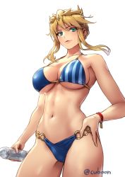 Rule 34 | 1girl, ahoge, artoria pendragon (all), artoria pendragon (fate), artoria pendragon (lancer) (fate), bikini, bikini day, blonde hair, blue bikini, blush, bottle, bracelet, braid, breasts, cleavage, commentary request, cuboon, fate/grand order, fate (series), green eyes, hair between eyes, hand on own hip, holding, jewelry, large breasts, lips, looking at viewer, mismatched bikini, navel, parted lips, saber (fate), short hair with long locks, simple background, skindentation, smile, solo, swept bangs, swimsuit, twitter username, underboob, white background