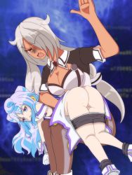 Rule 34 | 1boy, 1girl, angry, artist request, ass, blue hair, clothes pull, hacka doll, hacka doll 0, hacka doll 3, hair over one eye, highres, long hair, open mouth, purple eyes, red eyes, shorts, shorts pull, silver hair, spanking, tears, trap