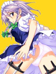 Rule 34 | 1girl, ass, blue dress, bow, braid, cameltoe, dress, hair bow, highres, holster, izayoi sakuya, knife, looking at viewer, looking back, maid, maid headdress, panties, pantyshot, puffy short sleeves, puffy sleeves, purple hair, shirt, short sleeves, side braid, silver hair, solo, standing, thigh holster, touhou, twin braids, twintails, underwear, upskirt, white background, yuuki keisuke