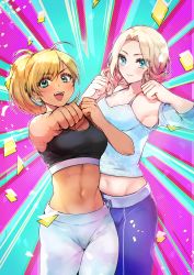 Rule 34 | 2girls, :d, absurdres, ahoge, armpits, bare shoulders, black sports bra, blonde hair, blue background, blue camisole, blue eyes, blue sleeves, blush, braid, breasts, camisole, cleavage, clenched hands, closed mouth, commentary request, cowboy shot, crop top, dark-skinned female, dark skin, fitness boxing, groin, hair between eyes, hands up, high ponytail, highres, long hair, looking at viewer, martina (fitness boxing), medium breasts, midriff, multiple girls, nanase chiori, navel, open mouth, pants, parted bangs, pink background, ponytail, punching, purple pants, sidelocks, smile, sophie (fitness boxing), sports bra, sportswear, standing, taut clothes, teeth, toned, two-tone background, upper teeth only, white pants