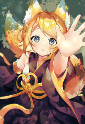 Rule 34 | 1girl, animal ear fluff, animal ears, arm up, black kimono, blonde hair, blue eyes, fox ears, fox tail, from above, highres, japanese clothes, kagamine rin, kimono, looking at viewer, open mouth, ribbon, sazanami (ripple1996), short hair, solo, swept bangs, tail, tears, vocaloid, wide sleeves, wolf girl, yellow ribbon