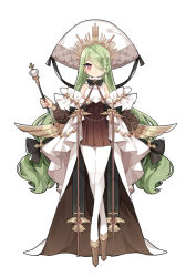 Rule 34 | 1girl, black bow, bow, breasts, brown eyes, brown skirt, green hair, hair over one eye, headpiece, ibex, long hair, looking at viewer, original, skirt, small breasts, standing, very long hair, wand, white background, white legwear