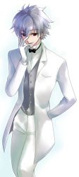 Rule 34 | 1boy, aoi chihiro (ru3ds), bad id, bad pixiv id, bow, bowtie, formal, gloves, hand in pocket, hand on own face, male focus, nagisa kaworu, neon genesis evangelion, red eyes, silver hair, smile, solo, traditional bowtie, tuxedo, white background