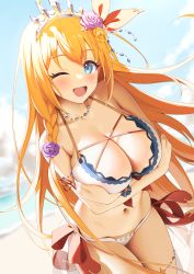 Rule 34 | 1girl, ;d, absurdres, arms under breasts, bikini, blue eyes, blush, braid, breast hold, breasts, cleavage, highres, large breasts, long hair, long image, looking at viewer, lunch (shin new), navel, one eye closed, open mouth, orange hair, outdoors, pecorine (princess connect!), princess connect!, side braid, smile, solo, standing, swimsuit, tall image, teeth, tiara, upper teeth only, white bikini, wink