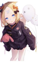 Rule 34 | 1girl, :o, abigail williams (fate), abigail williams (traveling outfit) (fate), absurdres, balloon, black bow, black jacket, blonde hair, blue eyes, bow, crossed bandaids, fate/grand order, fate (series), fou (fate), hair bow, hair bun, head tilt, highres, holding, holding balloon, ion (on01e), jacket, leaning forward, long hair, long sleeves, looking at viewer, medjed (fate), hugging object, official alternate costume, open mouth, orange bow, parted bangs, polka dot, polka dot bow, simple background, single hair bun, sleeves past fingers, sleeves past wrists, solo, star (symbol), stuffed animal, stuffed toy, teddy bear, white background