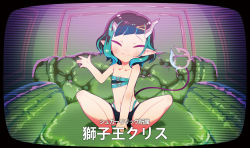 Rule 34 | 1girl, nanashi inc., belt, belt bra, black hair, black shorts, blue belt, blue hair, chaki (teasets), chest belt, closed eyes, closed mouth, commentary request, couch, demon girl, demon horns, demon tail, fang, flat chest, full body, highres, horns, indian style, medium hair, multicolored hair, pointy ears, shishio chris, shorts, sitting, smile, solo, static, sugar lyric, tail, television, translation request, two-tone hair, virtual youtuber