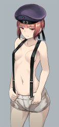 Rule 34 | 10s, 1girl, blue background, breasts, brown hair, clothes writing, collarbone, cowboy shot, hat, kadokawa shoten, kantai collection, looking away, naked suspenders, nathaniel pennel, navel, petite, red eyes, sailor hat, short hair, shorts, simple background, small breasts, solo, suspenders, topless, z3 max schultz (kancolle)