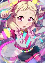 Rule 34 | 1girl, absurdres, birthday, blonde hair, blush, braid, commentary, from above, gradient hair, highres, kyaku tasu, long hair, looking at viewer, love live!, love live! superstar!!, multicolored hair, onitsuka natsumi, pink eyes, pink hair, smile, solo, sparkle, twin braids, upper body, vitamin summer!