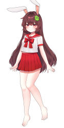 1girl absurdres animal_ears barefoot borrowed_character brown_hair clover_hair_ornament feet four-leaf_clover_hair_ornament full_body hair_ornament hairclip highres hyeroin legs long_hair original rabbit_ears rabbit_girl red_eyes red_skirt school_uniform serafuku shirt short_sleeves simple_background skirt smile solo toes white_background white_shirt