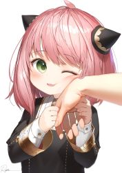 Rule 34 | 1girl, anya (spy x family), bad id, bad twitter id, blush, child, eden academy school uniform, gold trim, green eyes, highres, long sleeves, looking at viewer, medium hair, one eye closed, open mouth, pink hair, ryota (ry o ta), school uniform, signature, simple background, smile, solo, spy x family, upper body, white background