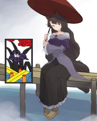 Rule 34 | 1girl, animal ears, black skirt, blush, boots, brooch, closed mouth, frilled skirt, frills, hanafuda, highres, holding, holding umbrella, imaizumi kagerou, jewelry, long skirt, long sleeves, oil-paper umbrella, red eyes, sitting, skirt, solo, tail, touhou, uisu (noguchipint), umbrella, wavy hair, wide sleeves, wolf ears, wolf tail