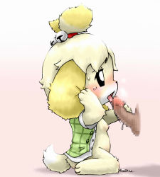 Rule 34 | 1girl, animal crossing, animal ears, animal hands, bell, black sclera, blonde hair, blush, bottomless, breasts, breath, censored, colored sclera, disembodied penis, dog ears, dog tail, erection, feet, fellatio, from side, full body, furry, furry female, furuya muku, gradient background, green vest, hair bell, hair ornament, hair tie, hands up, isabelle (animal crossing), jingle bell, licking, looking up, mosaic censoring, nintendo, nipples, open clothes, open mouth, open shirt, oral, penis, penis grab, saliva, shirt, short hair, short sleeves, simple background, sitting, small breasts, solo, sweat, sweatdrop, tail, tongue, tongue out, vest, wariza, white eyes, white shirt