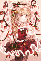 Rule 34 | 1girl, alternate hairstyle, arms up, blonde hair, blush, braid, christmas ornaments, christmas stocking, commentary request, cowboy shot, embellished costume, expressionless, eyelashes, flandre scarlet, fur-trimmed skirt, fur-trimmed vest, fur trim, gingerbread man, hair ornament, hat, hat ribbon, heart, highres, holding, holding ribbon, leg lift, light blush, long sleeves, looking at viewer, majamari, mob cap, pantyhose, pink background, red eyes, red skirt, red vest, ribbon, santa hat, shirt, short hair, side braid, skirt, solo, standing, striped clothes, striped pantyhose, striped ribbon, touhou, vest, white shirt, wings, wrist cuffs