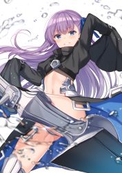 Rule 34 | 1girl, arm up, armor, armored boots, blue eyes, blue ribbon, blurry, blush, boots, commentary request, crotch plate, depth of field, fate/grand order, fate (series), faulds, flat chest, floating hair, grin, hair ribbon, juliet sleeves, leg up, long hair, long sleeves, looking at viewer, meltryllis (fate), navel, platform footwear, puffy sleeves, purple hair, revealing clothes, ribbon, shiromikan, simple background, sleeves past fingers, sleeves past wrists, smile, solo, stomach, teeth, thighs, waist cape, water, water drop, white background