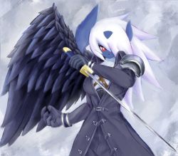 Rule 34 | 1girl, absol, animal nose, arm up, armor, black coat, black pants, black wings, breasts, bright pupils, closed mouth, coat, collarbone, collared coat, commission, cosplay, covered erect nipples, creatures (company), feathered wings, female focus, final fantasy, final fantasy vii, furry, furry female, game freak, gen 3 pokemon, grey background, hair over one eye, holding, holding sword, holding weapon, horns, icykatsura, jpeg artifacts, long hair, long sleeves, looking at viewer, medium breasts, mega absol, mega pokemon, nintendo, one eye covered, pants, personification, pokemon, pokemon (creature), red eyes, sephiroth, sephiroth (cosplay), shoulder armor, sidelocks, simple background, single wing, solo, split mouth, standing, sword, weapon, white hair, white pupils, wings