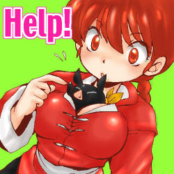 Rule 34 | 1girl, between breasts, biifun, braid, breasts, chinese clothes, dutch angle, english text, gender request, genderswap, green background, hibiki ryouga, large breasts, lowres, p-chan, pig, ranma-chan, ranma 1/2, red eyes, red hair, saotome ranma, simple background, single braid, tangzhuang, upper body