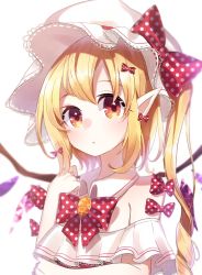 Rule 34 | :o, ametama (runarunaruta5656), blonde hair, blush, bow, bow earrings, bowtie, crystal, detached collar, drill hair, earrings, embarrassed, fang, flandre scarlet, frills, hat, hat bow, highres, jewelry, long hair, mob cap, one side up, pointy ears, polka dot neckwear, raised eyebrows, red bow, red bowtie, side drill, sidelocks, simple background, solo, strapless, surprised, tareme, touhou, upper body, vampire, white background, wings, yellow eyes