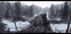 Rule 34 | chinese commentary, commentary request, english text, forest, gaz-66, haguruma c, highres, letterboxed, log, military, military truck, military vehicle, motor vehicle, nature, no humans, original, outdoors, road, snow, tree, truck, utility pole