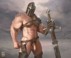 Rule 34 | 1boy, abs, arm hair, bara, celeryman, chest hair, chest tattoo, cloud, covered face, cowboy shot, flaccid, grey background, helmet, highres, holding, holding sword, holding weapon, knee pads, knight, male focus, metal gloves, muscular, muscular male, navel hair, nude, original, outdoors, pectorals, penis, pocket, rain, signature, single shoulder pad, solo, sword, tattoo, weapon