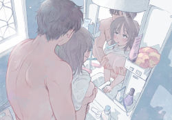 Rule 34 | 1boy, 1girl, absurdres, bathroom, breasts, brother and sister, brushing teeth, cleavage, commentary request, grabbing, grabbing another&#039;s breast, grabbing from behind, height difference, hetero, highres, huge filesize, incest, large breasts, mirror, mixed-sex bathing, mohato official, original, reflection, shared bathing, siblings, sink, toothbrush, toothbrush in mouth, topless male, washing hands