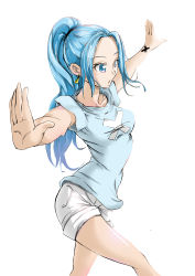 Rule 34 | 1girl, :o, absurdres, blue eyes, blue hair, blue shirt, breasts, collarbone, earrings, hair ornament, highres, jewelry, long hair, medium breasts, nefertari vivi, one piece, outstretched arms, ponytail, rikito1087, shirt, short shorts, short sleeves, shorts, simple background, solo, standing, very long hair, white background, white shorts