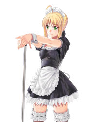 Rule 34 | 1girl, absurdres, ahoge, alternate costume, apron, artoria pendragon (all), artoria pendragon (fate), bad id, bad pixiv id, black thighhighs, blonde hair, blush, enmaided, fate/stay night, fate (series), green eyes, hands on hilt, highres, hullabaloo, maid, maid apron, maid headdress, official alternate costume, pole, saber (fate), short hair, simple background, skirt, smile, solo, thighhighs, waist apron, waitress, white background, wrist cuffs
