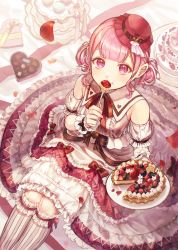 Rule 34 | 1girl, box, box of chocolates, chocolate, commentary, dress, eating, food, fork, frilled dress, frills, heart-shaped box, highres, himitsu no valentine daisakusen! (project sekai), multicolored clothes, multicolored dress, ootori emu, pie, pink eyes, pink hair, pink headwear, pink theme, project sekai, shinku (user vvsh7744), short hair, sitting, solo, twintails
