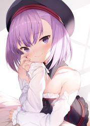 Rule 34 | 1girl, bare shoulders, black dress, black headwear, blush, breasts, closed mouth, detached collar, dress, fate/grand order, fate (series), helena blavatsky (fate), highres, looking at viewer, maosame, purple eyes, purple hair, simple background, small breasts, smile, solo, strapless, strapless dress, white background, white sleeves