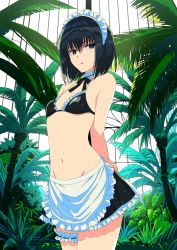 Rule 34 | 1girl, absurdres, apron, arms behind back, artoria pendragon (alter swimsuit rider) (fate), artoria pendragon (alter swimsuit rider) (fate) (cosplay), artoria pendragon (alter swimsuit rider) (second ascension) (fate), artoria pendragon (fate), bare shoulders, bikini, black bikini, black eyes, black hair, black skirt, blush, commentary request, cosplay, detached collar, fate/grand order, fate (series), frills, hair between eyes, highres, kuonji alice, leaf, mahou tsukai no yoru, maid, maid bikini, maid headdress, miniskirt, navel, palm tree, short hair, skirt, solo, swimsuit, tree, unconventional maid, waist apron, white apron, xtango