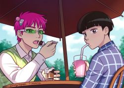 Rule 34 | 2boys, artist name, black eyes, black hair, chair, coffee jello, commentary, crossover, dated, day, drinking, drinking straw, green sweater vest, hair ornament, kageyama shigeo, long sleeves, male focus, marycrispies, mob psycho 100, multiple boys, outdoors, pink hair, plaid, plaid shirt, plaid sweater vest, saiki kusuo, saiki kusuo no psi nan, shirt, short hair, sitting, spoon, sweater vest, table, tinted eyewear, trait connection, white shirt