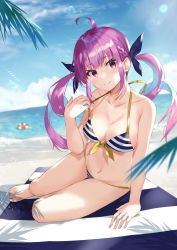 Rule 34 | 1girl, absurdres, ahoge, bare legs, bare shoulders, barefoot, beach towel, bikini, blue hair, blue sky, blunt bangs, breasts, cleavage, closed mouth, cloud, collarbone, colored inner hair, day, hair ribbon, highres, hololive, innertube, lens flare, looking at viewer, medium breasts, minato aqua, minato aqua (hololive summer 2019), multicolored hair, navel, ocean, outdoors, palm tree, purple eyes, purple hair, ribbon, sidelocks, sitting, sky, smile, solo, streaked hair, striped bikini, striped clothes, swim ring, swimsuit, taht (that is mm), thighs, toes, towel, tree, twintails, two-tone hair, virtual youtuber