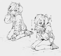 Rule 34 | 1girl, bandaid, bandaid on leg, closed mouth, commentary, dolphin shorts, english commentary, eyelashes, full body, greyscale, hair ornament, hair over one eye, hand on own knee, hand up, hands up, hood, hood down, hoodie, k-rha&#039;s, lineart, long sleeves, looking down, looking to the side, medium hair, monochrome, multiple views, one side up, original, shoes, short shorts, shorts, sitting, sneakers, socks, sound effects, thighs, violett (k-rha), wariza, x hair ornament